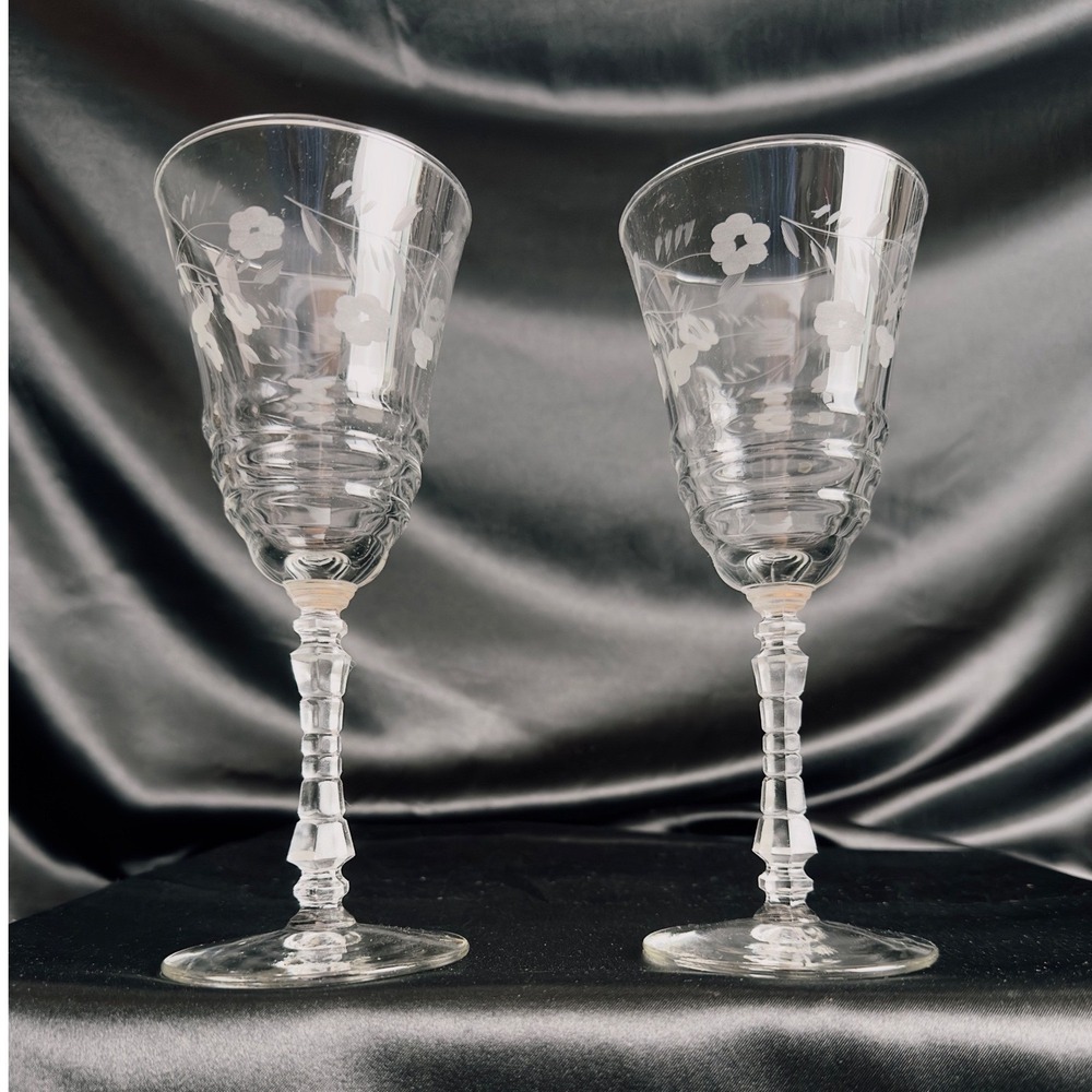 Rock Sharpe Etched Floral Water Goblets Set of 2 Clear Glass 7.875in MCM